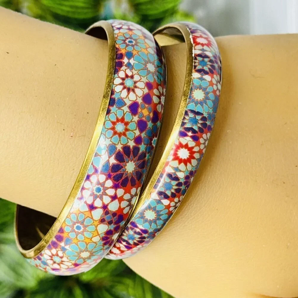 2 Vintage Brass Bracelet Bangle Floral Colorful Cottage Core Tel Blue Red